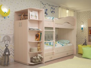 Кровать 2-х ярусная Мая с ящиками и шкафом на латофлексах млечный дуб в Алапаевске - alapaevsk.magazinmebel.ru | фото
