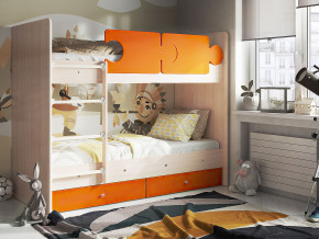 Кровать двухъярусная Тетрис латы с бортиками дуб млечный-оранжевый в Алапаевске - alapaevsk.magazinmebel.ru | фото